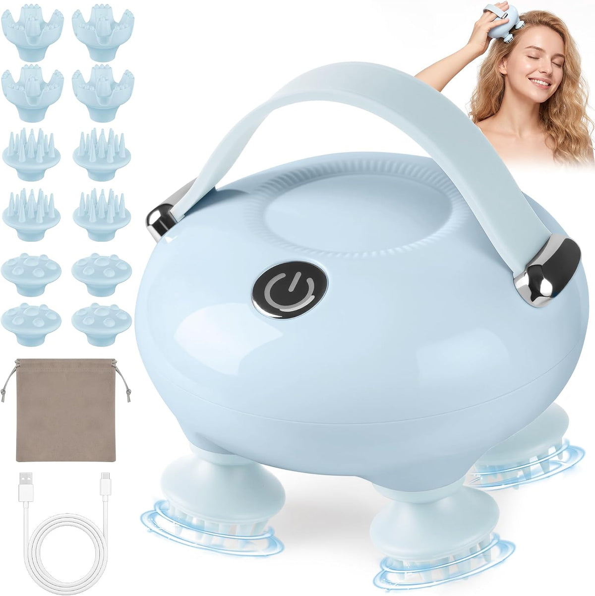Rechargeable Electric Scalp Massager – 128-Node Silicone Head Massager with 8 Removable Claws, 3 Massage Modes & Waterproof Design for Wet or Dry Use