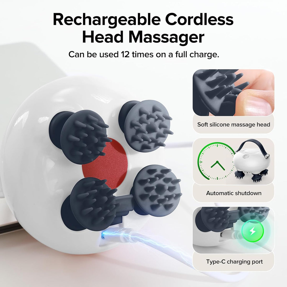 Rechargeable Electric Scalp Massager – 128-Node Silicone Head Massager with 8 Removable Claws, 3 Massage Modes & Waterproof Design for Wet or Dry Use